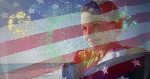 Patriotic Celebration Woman Overlooking Horizon with Fireworks and Flag Overlay