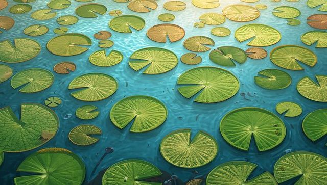 Sunlit lily pads floating on turquoise pond with rippling reflections and bubbles