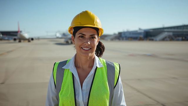 Female airport staff in safety gear guiding aircraft on tarmac