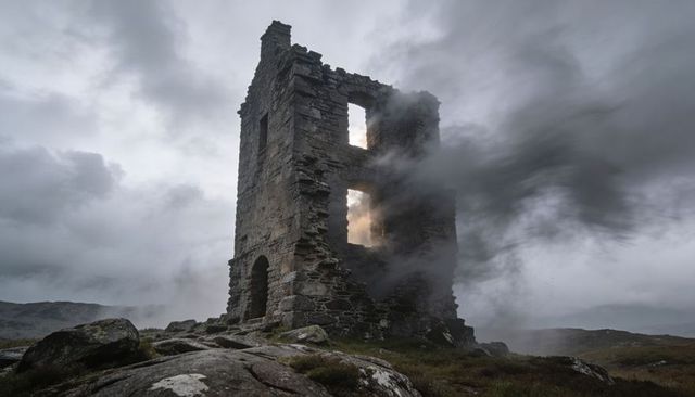 Ruined stone tower looming on windswept moorland, mist drifting through warm backlight