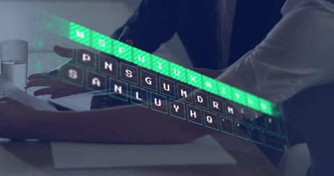Business team testing holographic keyboard interface during low-light office collaboration