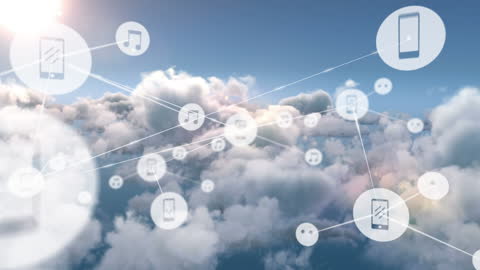 Digital Network Icons Floating in Cloudy Sky