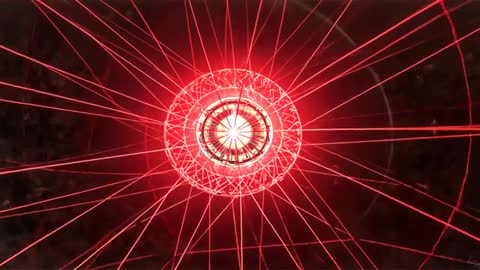 Pulsing energy core emitting red radial beams and illuminating lattice ring in dark chamber