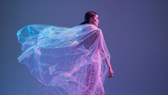 Elegant Model in Iridescent Cape with Glitter in Studio