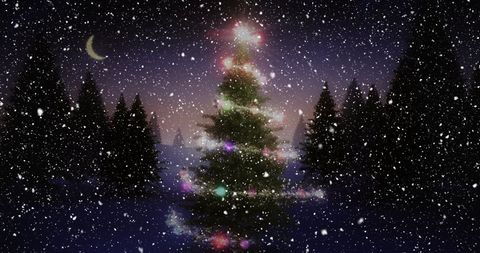 Snowy Christmas Night with Festive Tree and Lights - Download Free Stock Images Pikwizard.com