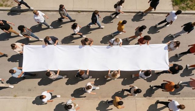 Overhead view showing diverse crowd holding long blank white banner while marching street