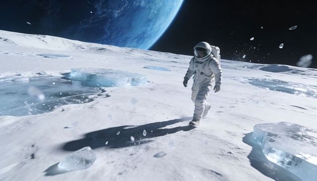 Astronaut Walking on Frozen Lunar Surface with Earth Rising and Floating Ice Debris