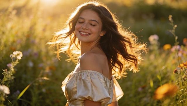 Smiling woman closing eyes, basking in golden backlight among wildflowers