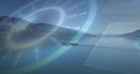 Autopilot Engaging Workboat Navigating Calm Bay with Holographic HUD Navigation Overlays