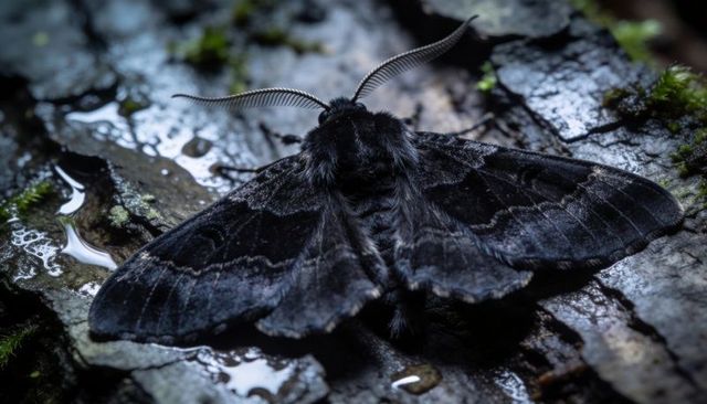 Nocturnal black moth perching on wet bark with feathery antennae, macro forest closeup