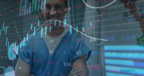 Smiling Doctor Overlaid with Financial Data Animation