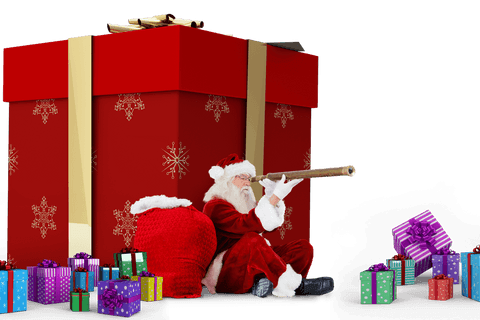 Transparent Santa with Telescope Searching Around Christmas Gifts