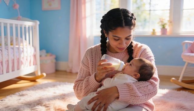 Young mother feeding baby with bottle in cozy pastel nursery on plush rug