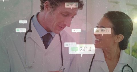 Doctors collaborating with digital engagement overlays in modern healthcare clinic