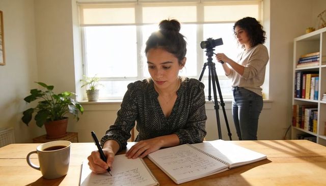 Young woman writing at desk while collaborator adjusts camera on tripod for home video