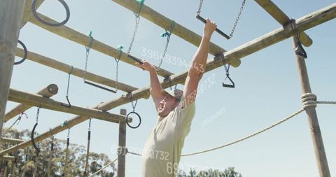 Man Training on Outdoor Obstacle Course with Data Encryption Overlay