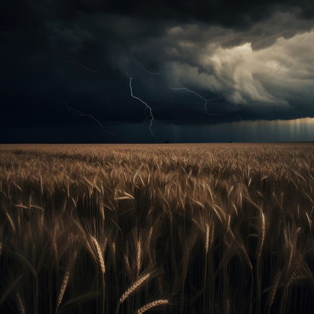This image depicts a dramatic thunderstorm with lightning strikes over a wheat field at twilight. The dark storm clouds and flashing lightning create a powerful and intense atmosphere, highlighting the raw power of nature. Perfect for illustrating agricultural challenges, weather patterns, or dramatic natural scenes in blogs, articles, or environmental campaigns. Suitable for backgrounds in storytelling, weather crisis reporting, and rural life topics.