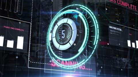 Neon Countdown over Digital Interface with Futuristic Data