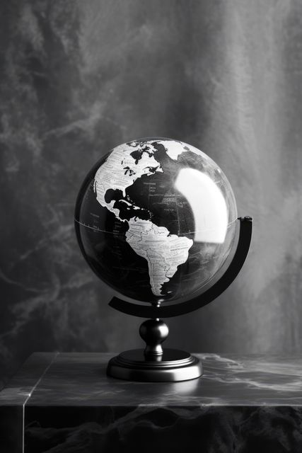 A black and white globe sits on a table, with copy space. It symbolizes global education, geography studies, or international awareness.