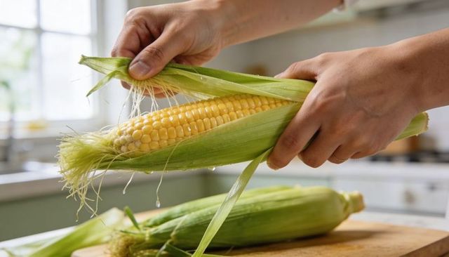 Hands husking fresh corn on wooden board in bright kitchen, natural light close-up