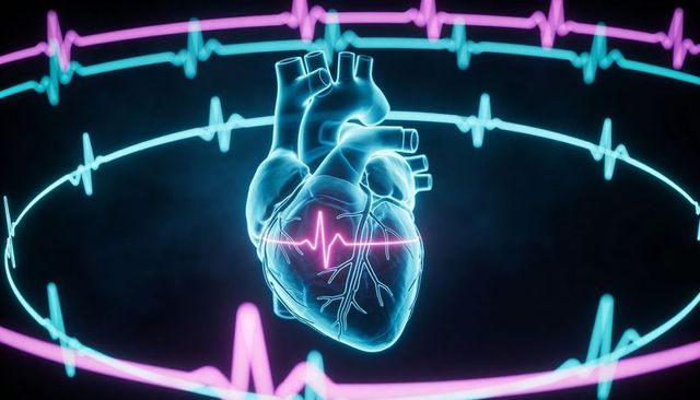 Neon holographic heart pulsing with ecg rings, 3d cardiovascular visualization