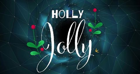 Holly jolly handlettered holiday typography with festive holly sprigs and polygonal mesh