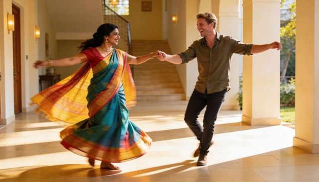 Couple spinning in sunlit hallway wearing flowing teal red gold saree sharing joyful dance