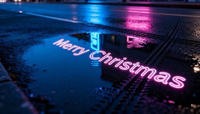 Neon merry christmas reflecting in rain puddle on wet urban road with tire tracks