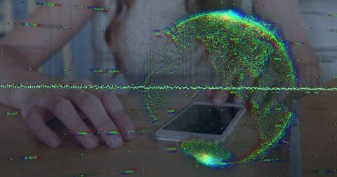 Resting Woman Hands on Smartphone Displaying Glitch Holographic Globe and Data Distortion