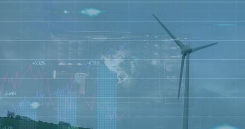 Wind Turbine and Digital Infographics Representing Renewable Energy