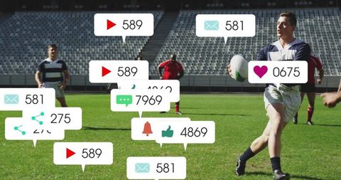 Rugby Player Sprinting with Ball and Social Media Icons Overlay