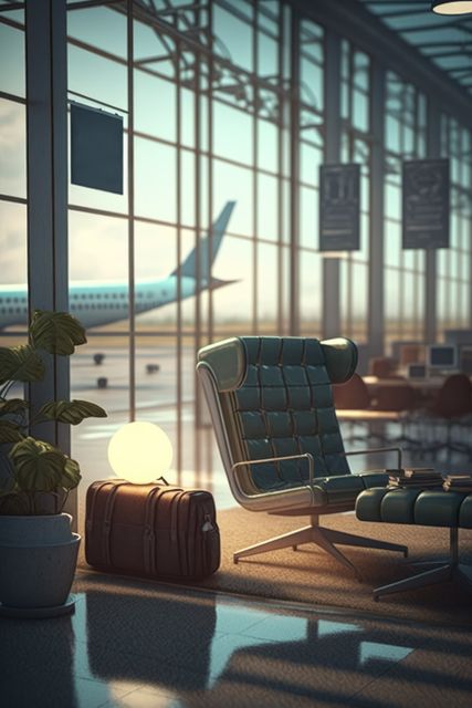 Airport with armchair, suitcase and plane outside window created using generative ai technology. Airport, transport and travel concept digitally generated image.