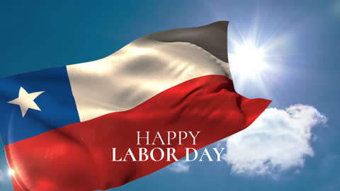 Chilean Flag Waving Against Blue Sky with Happy Labor Day Text
