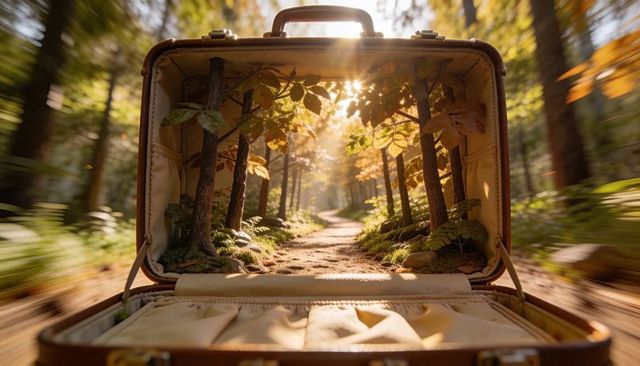Miniature forest growing inside vintage suitcase creating sunlit woodland path diorama
