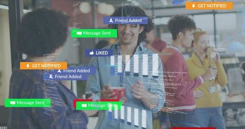 Young professional networking in coworking space with social media notification overlays