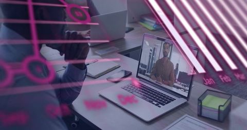 Team Collaborating Remotely via Laptop with Neon Analytics Overlay and Office Workspace