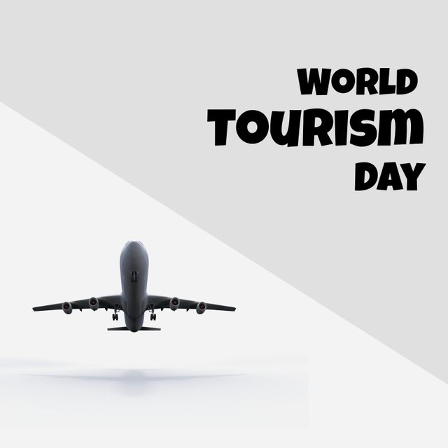 This image features an airplane flying, symbolizing the celebration of World Tourism Day. The minimalist design and ample copy space make it ideal for promotional materials, social media posts, and travel industry marketing campaigns. It is perfect for emphasizing global travel, exploration, and tourism awareness.