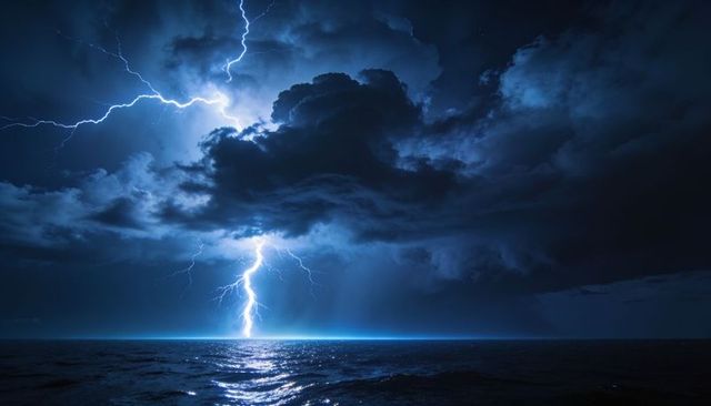 Lightning striking sea under towering cumulonimbus during dramatic night storm