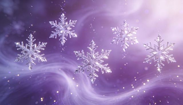Ethereal floating snowflakes on lavender-purple background with gold bokeh sparkle