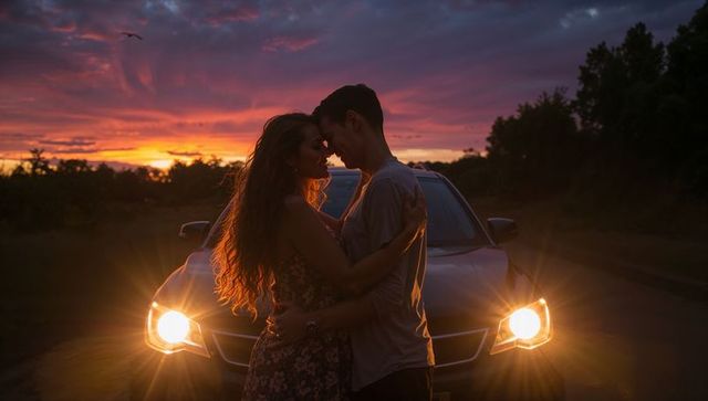 Romantic sunset road embrace with headlight flare silhouette couple rimlit warmth