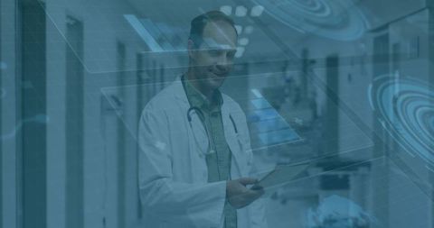 Doctor Interacting with Holographic Data in Hospital