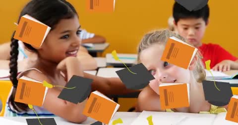Children in Classroom with Animated Graduation Themes