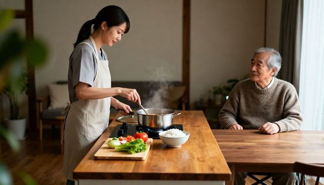 Caregiver Stirring Steaming Pot While Elderly Man Watches at Cozy Home Kitchen Island