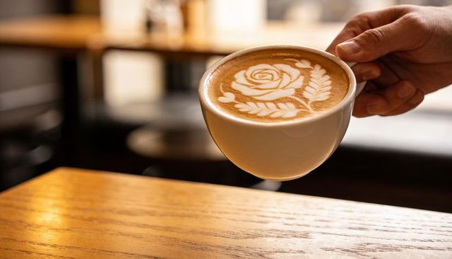 Hand holding ceramic latte cup with rose latte art on wooden table cozy cafe interior