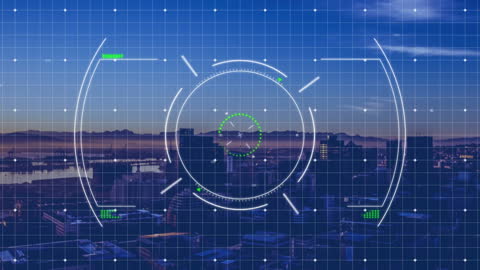 Digital Interface with Scope Overlay on Cityscape Background