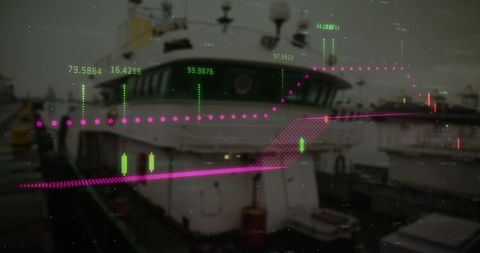 Digital Graphs Overlaying Ship Stationary at Port - Download Free Stock Images Pikwizard.com
