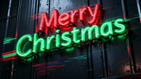 Neon Merry Christmas Sign Pulsing with Streaking Lights on Industrial Metal Facade