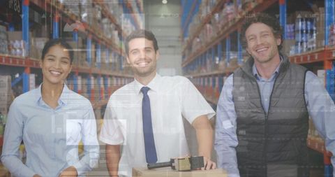 Warehouse team with digital interface for global shipping and data processing