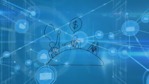 Blue Network with Digital and Business Icons Connecting Ideas and Finance