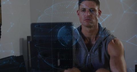 Man Engaging with Holographic Network Interface in Modern Office